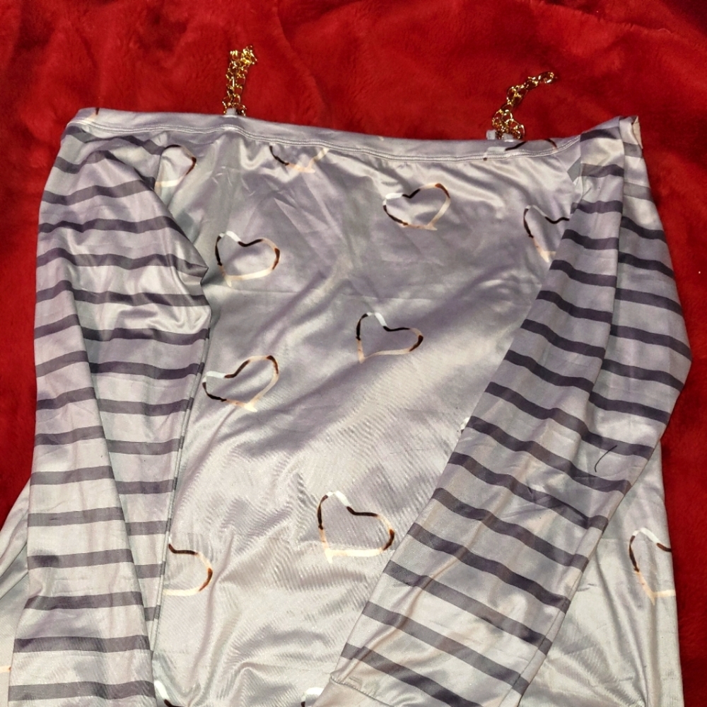xl women's blouse silver with gray stripes and hearts metal chain straps ..silky